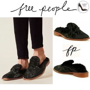 Free People Butterfly Effect Black Faux Fur Velvet Black Gray Mule Loafers Shoes